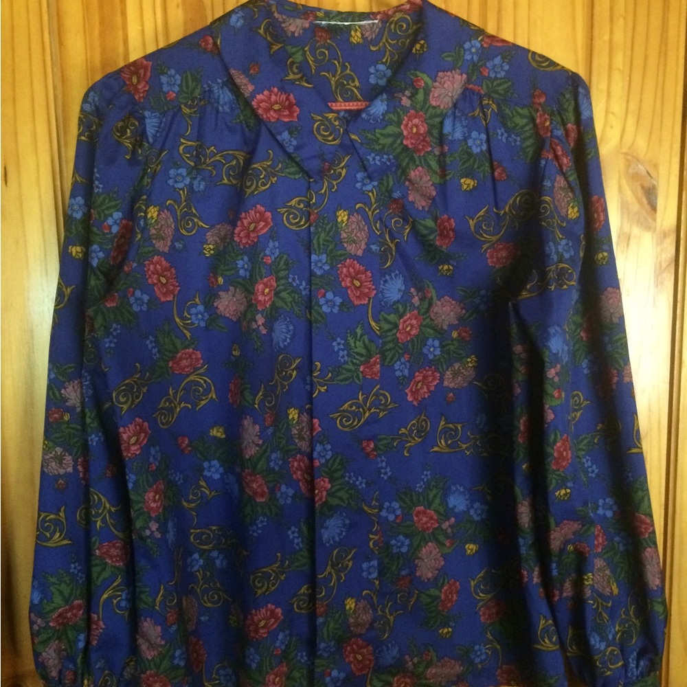 Vintage Hidden Button Dark Blue Pattern Blouse - image 1